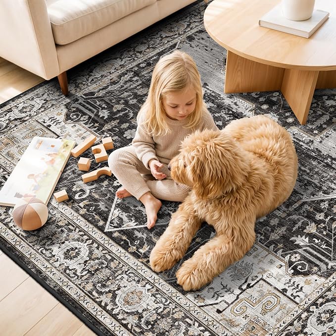 Washable 4x7 Area Rug for Entryway: Vintage Distressed Rugs with Non Slip Backing Low Pile Soft Indoor Carpet for Living Room/Kitchen/Bedroom Stain Resistant Decor Mat for High-Traffic Areas 4x7 Black