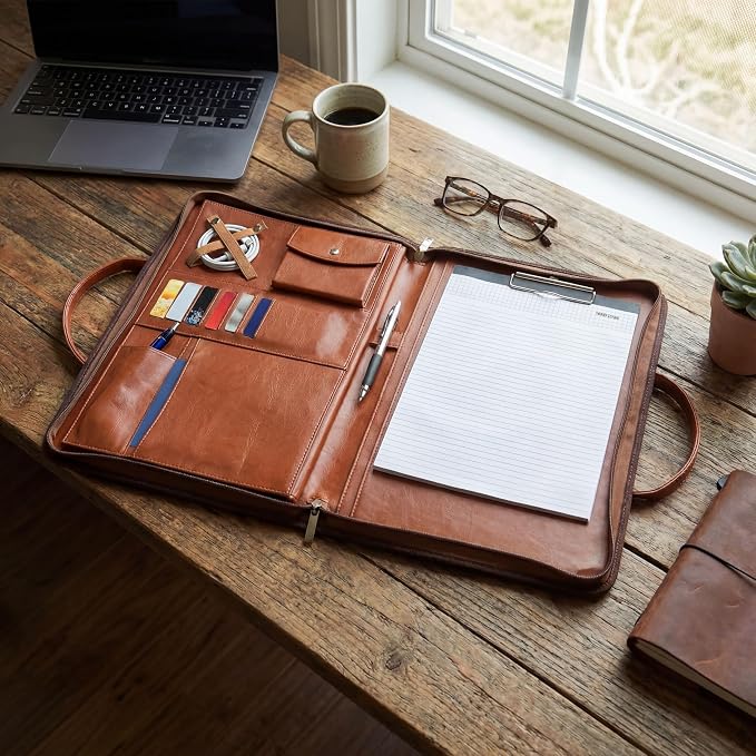 FUNTACY Leather Portfolio with Handles – Professional Business PU Leather Padfolio Organizer, Zippered Portfolio Binder for Documents, Resume, Notebook – Slim Leather File Folder for Men & Women
