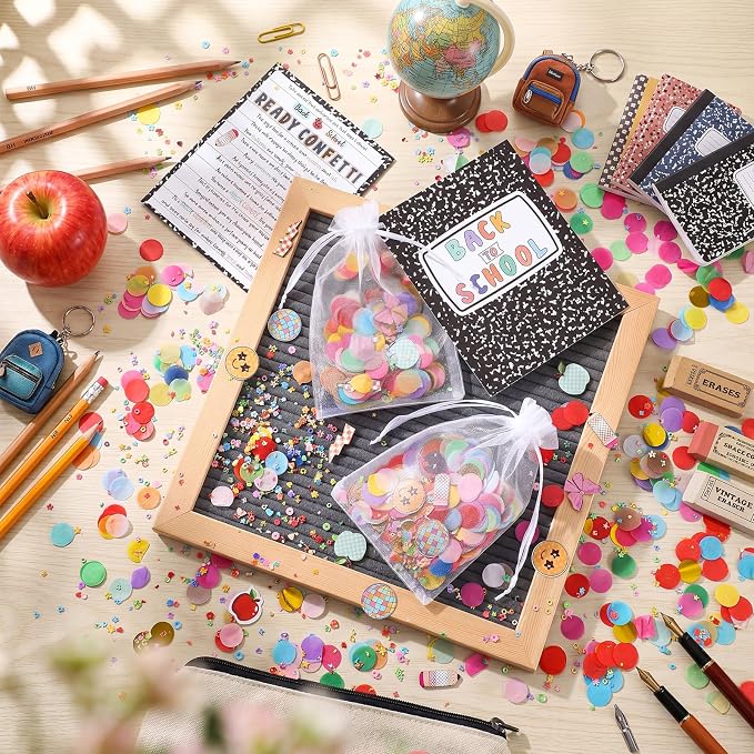AmazingSpark 24 Sets Ready Confetti Back to School Supplies Magic Jitter Glitter with Poem Cards Organza Bags First Day of School Confetti Anxiety Relief Favor Gifts for Teachers(Composition Notebook)