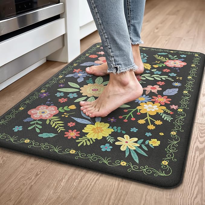 GENIMO Anti Fatigue Kitchen Mats for Floor 2PCS, Cushioned Standing Mats | 23"x71"&20"x32", Black vintage floral rug set, waterproof, non slip, easy-clean for farmhouse