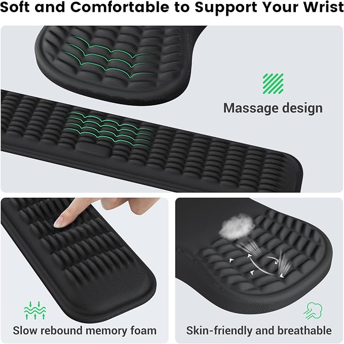 MEKASS Ergonomic Mouse Pad and Keyboard Wrist Rest Set, Super Soft Memory Foam Desk Wrist Support for Computer Keyboard, Non-Slip Arm Palm Rests Cushion for Typing Gaming Office Laptop Mac (Black)