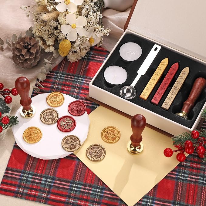 Yoption Merry Christmas with Olive Branch Wax Seal Stamp Kit with Sealing Wax Sticks and Gift Box for Wedding, Party Invitations, Christmas, Envelopes