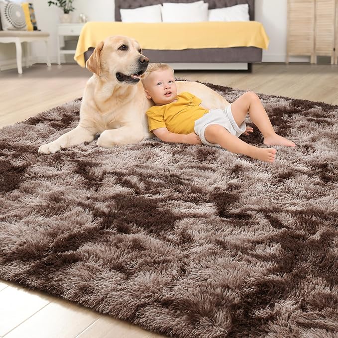 Tepook 8x10 Area Rugs for Living Room Bedroom, Soft Fluffy Plush Shaggy Girls Boys Kids Room Rug, Shag Upgrade Non-Slip Throw Carpet for Dorms Nursery Classroom Home Decor, Tie-Dyed Brown