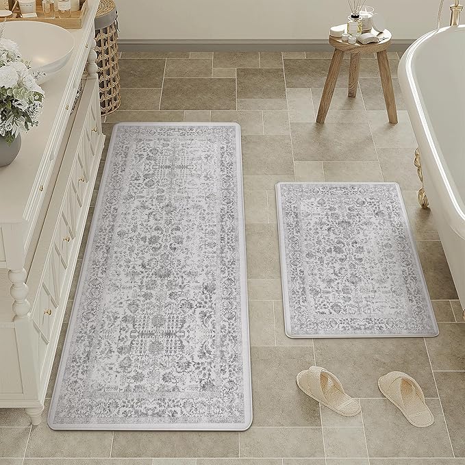 Kitchen Mats 2PCS Anti Fatigue Cushioned Mat Black Vintage Kitchen Mats for Floor Waterproof Non Slip Comfort Standing Retro Floral Rug for Sink Laundry Office 17.3"x47"+17.3"x30"