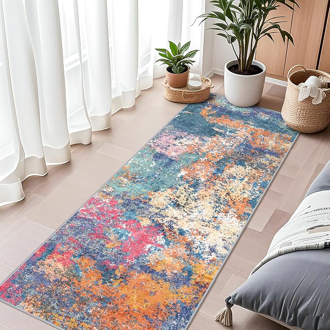 2x6 Hallway Washable Runner Rug - Modern Abstract Stain Resistant Rug Runner for Kitchen Home Indoor Mat for Laundry, Bedroom Non Slip Thin Super Soft Room Decor Floor Carpet 2x6 Colorful/Multi