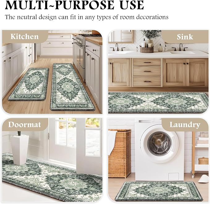 Boho Kitchen Mats for Floor 2 Piece Set Anti Fatigue Cushioned PVC Kitchen Rugs Non Slip Waterproof Farmhouse Mats 2/5 Inch Comfort Standing Mat for Sink, Laundry, Office, 17.3"x59"+17.3"x28", Green