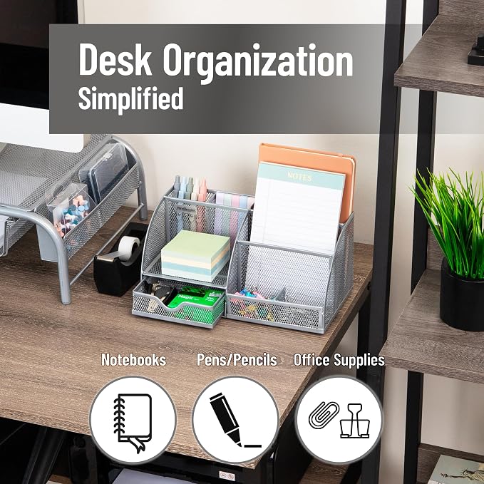 Mind Reader 7-Compartment Desktop Organizer, Metal Mesh Desk Organizer for Pens, Sticky Notes, Mail and Office Supplies, Silver
