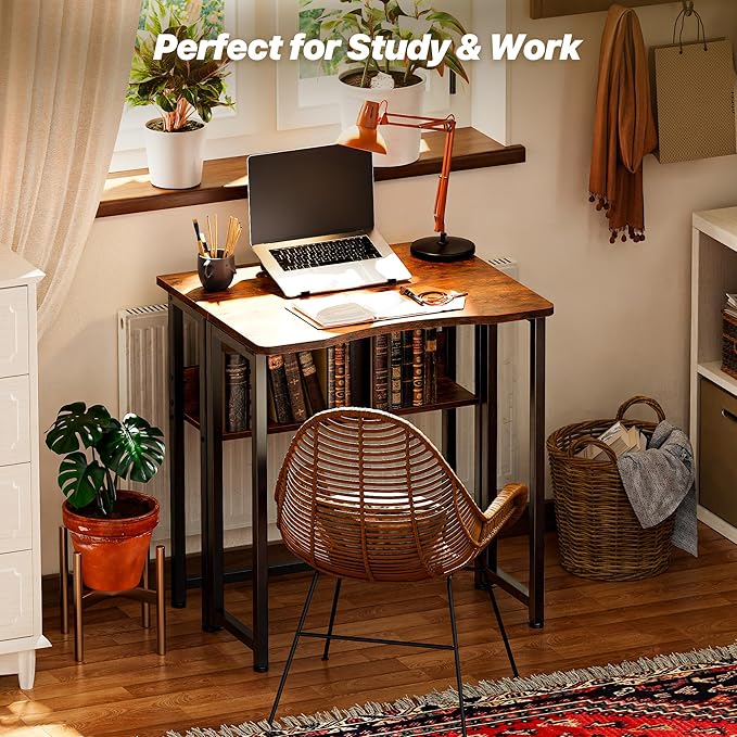 Huuger Folding Desk with Storage Shelf, 23.6 Inch Foldable Computer Table for Small Spaces, Space Saving Sofa Table for Couch, Writing Work Office Computer Desk, Easy to Fold, Rustic Brown