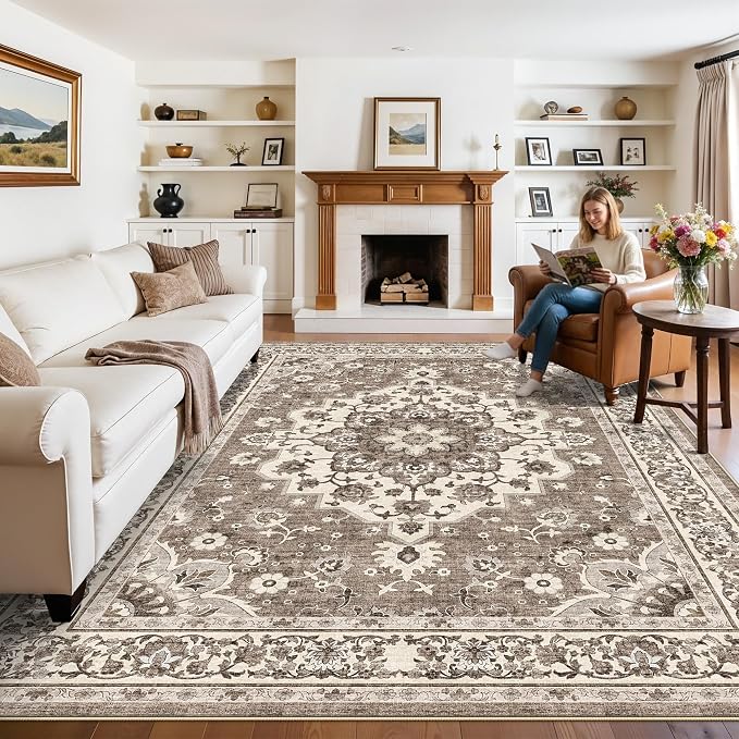 TOPRUUG Washable Oriental Area Rug - 8x12 Area Rugs for Living Room Bedroom Dining Room Under Kitchen Table - Non-Slip & Stain Resistance Rug for High Traffic Area (Beige, 8x12)