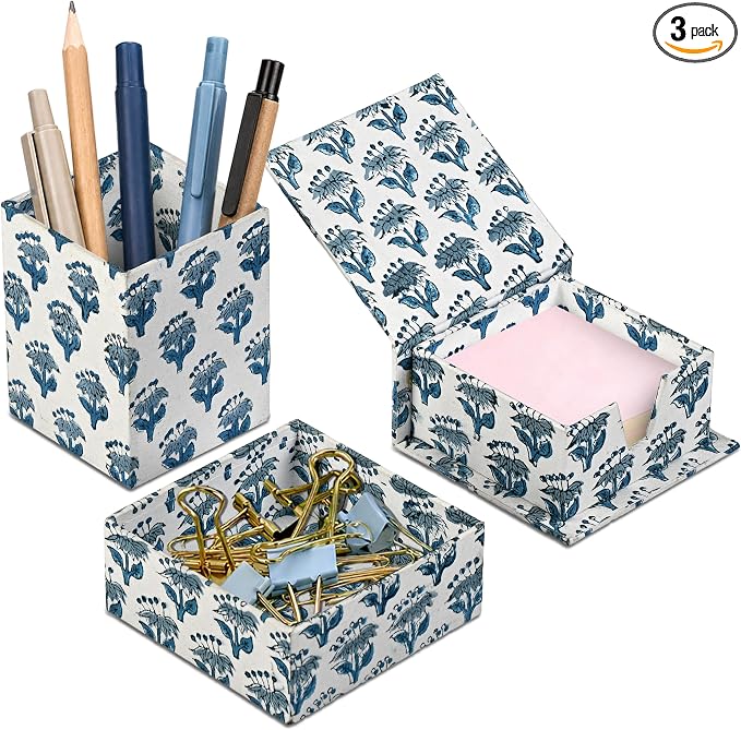 CPC Apatite Blue Block Print Set of 3 Desk Organizer Pen And Sticky Note Holder Cute, Aesthetic, Decor accessories, workspace organizers, Caddy Storage, Gift for Office, Professionals, Student