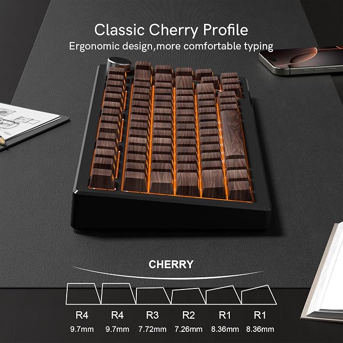 Womier PBT Keycaps, Custom Keyboard Caps 60 65 75 100 Percent, Shine Through Cherry Profile Keyboard Keys, Doubleshot Side Print Dye Sub Keycap Set (Walnut)