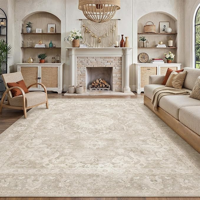 PureCozy Beige 8x10 Area Rug for Living Room Washable Vintage Large Carpet Non Slip Low Pile Indoor Bedroom Soft Retro Oriental Medallion Accent Throw Rug for Kitchen Dining Room Office
