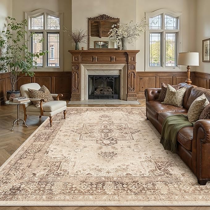 PureCozy Brown 8x10 Area Rug Washable Vintage Living Room Carpet Non Slip Retro Distressed Low Pile Soft Oriental Medallion Thin Large Throw Rug for Office Bedroom Dining Room Playroom