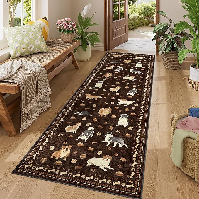 DUKINO 2.6x8 Washable Runner Rug for Hallway, Non Slip Animal Dog Kitchen Rug with Low Pile Design, Ultra Soft & Stain Resistant Indoor Carpert Runner for Entryway, Bedroom, Laundry, Bathroom, Brown