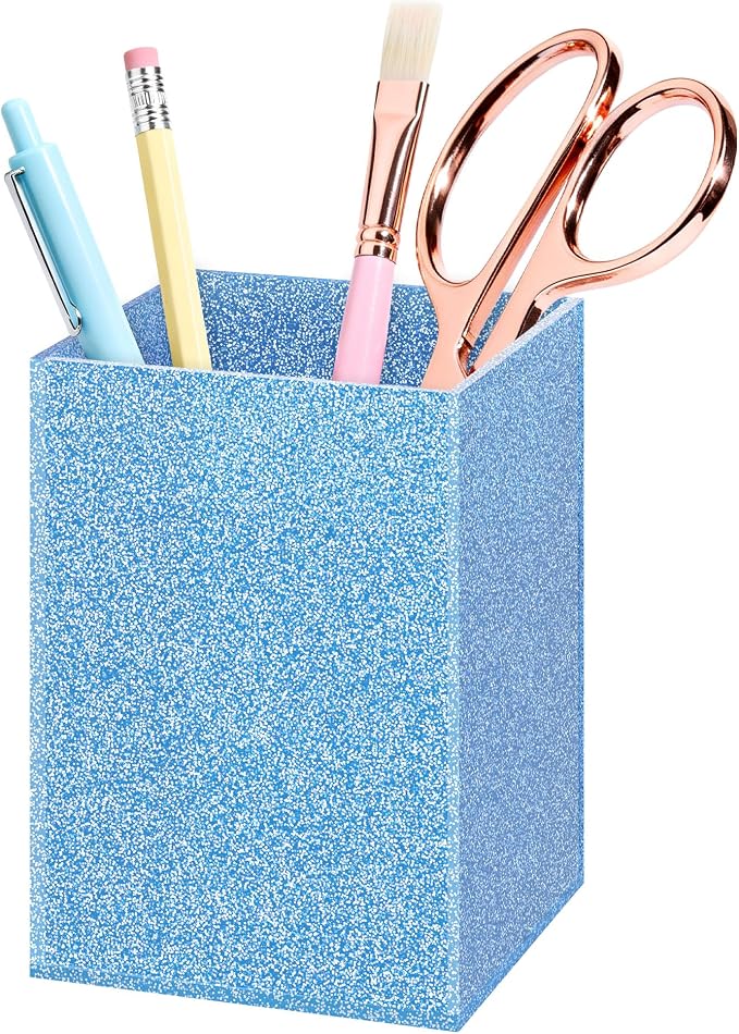 Acrylic Pen Holder Desk Organizer for Office, Blue Glitter | Sparkling glitter acrylic makeup brush and pencil holder for desk, Modern desktop organizer for home, school and office
