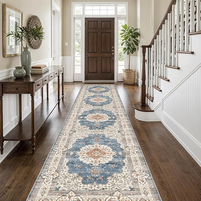 3x12 Washable Hallway Runner Rug:Oriental Indoor Kitchen Rugs Vintage Door Mat Non Slip with Rubber Backing Low Pile Thin Carpet for Bedroom Bathroom Living Room Bedside (3x12 Blue/Beige)