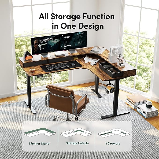CubiCubi L Shaped Standing Desk with Drawers 63 x 48 Inch Adjustable Height, Electric Corner Desk with Storage, Sit Stand Home Office Desk with Splice Board, Rustic Brown