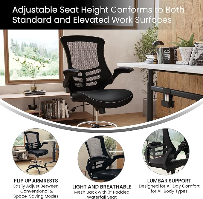 Flash Furniture Kelista Mid-Back Swivel Office Chair with Adjustable LeatherSoft Seat Height, Ergonomic Mesh Chair with Flip-Up Arms, Black | Leather soft Seat, Mid-Back, Flip-Up Arms, Mesh Back, Adjustable Foot Ring