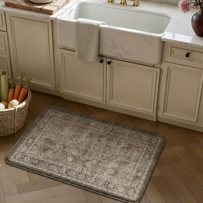 PureCozy Kitchen Mats for Floor Anti Fatigue Cushioned Brown Vintage Kitchen Mats Waterproof Non Slip Comfort Standing Distressed Rug for Sink Laundry Office Bathroom 17.3"x30"