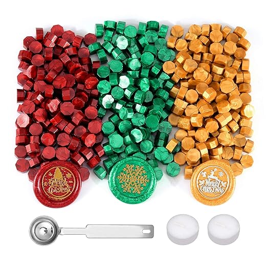 Yoption 360 Pcs Sealing Wax Beads Kit, Metallic Red, Green, Gold Christmas Wax Seal Beads with Candles and Melting Spoon