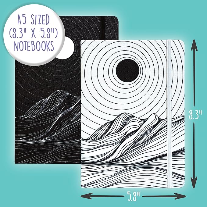Better Office Products Recycled Plastic Bottle Notebook Journal, 8.3" x 5.8" (A5), 192 College Ruled Pages, Hardcover, Inner Pocket, Banded, Cover Made of Plastic Bottles (2, Black + White)