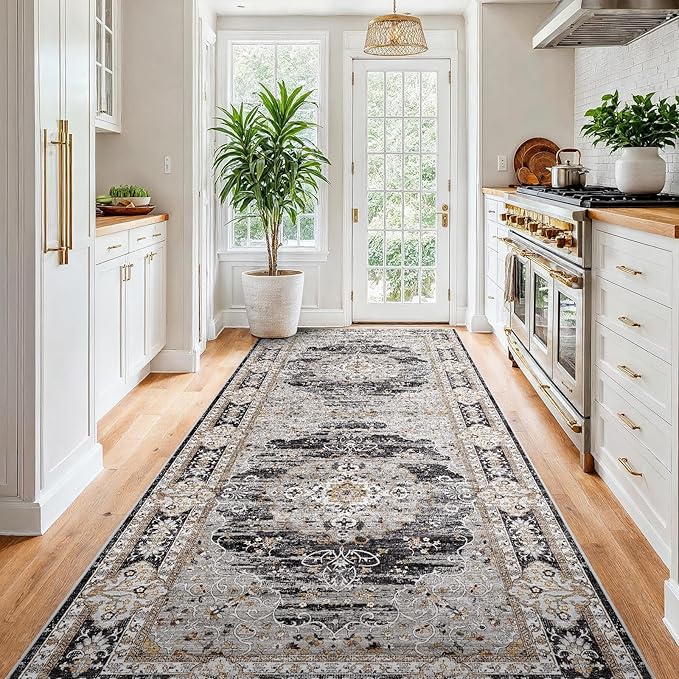 4x8 Runner Rug for Hallway Washable: Non Slip Kitchen Rugs with Rubber Backing Soft Waterproof Wide Mats Stain Resistant Low Pile Carpet for Entryway Bedroom Bathroom Laundry Home Decor Black/Gray
