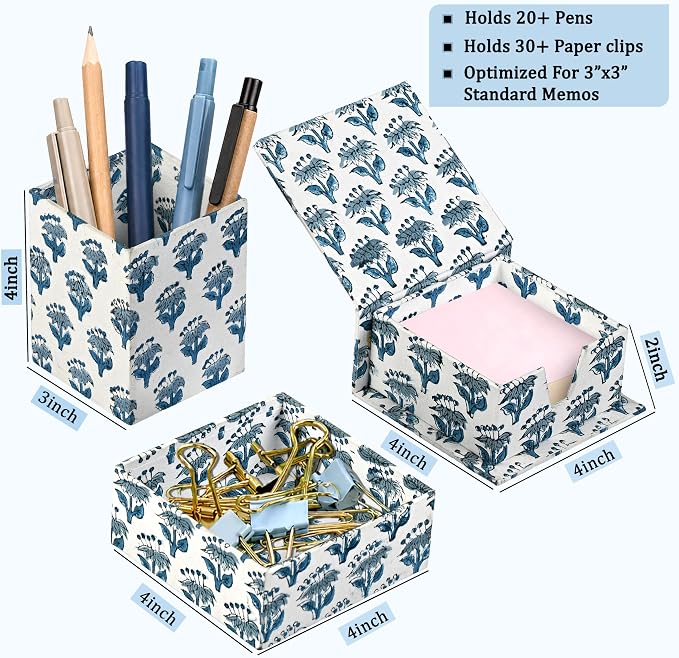 CPC Apatite Blue Block Print Set of 3 Desk Organizer Pen And Sticky Note Holder Cute, Aesthetic, Decor accessories, workspace organizers, Caddy Storage, Gift for Office, Professionals, Student