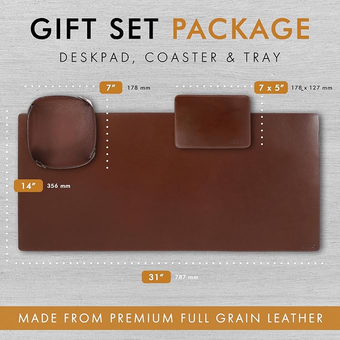 ELIZO Leather Desk Pad Real Leather Desk Mat Thick (3mm) Double Layer (32x16) Cover Blotter Desk Protector Large Computer Mat for Keyboard Mouse Pad Table Laptop Mat Office Accessories - Chestnut