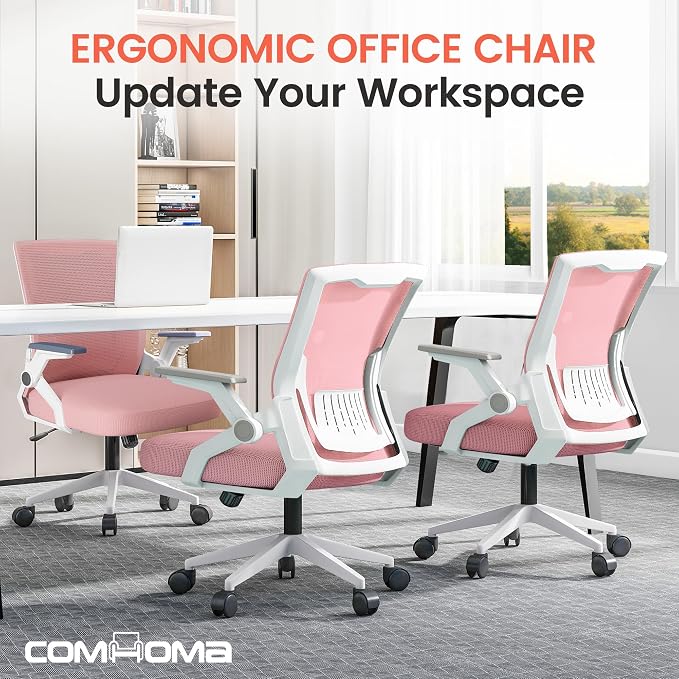 COMHOMA Office Chair with Flip-up Armrests Ergonomic Computer Desk Chair with Adaptive Lumbar Support & Breathable Mesh, Pink