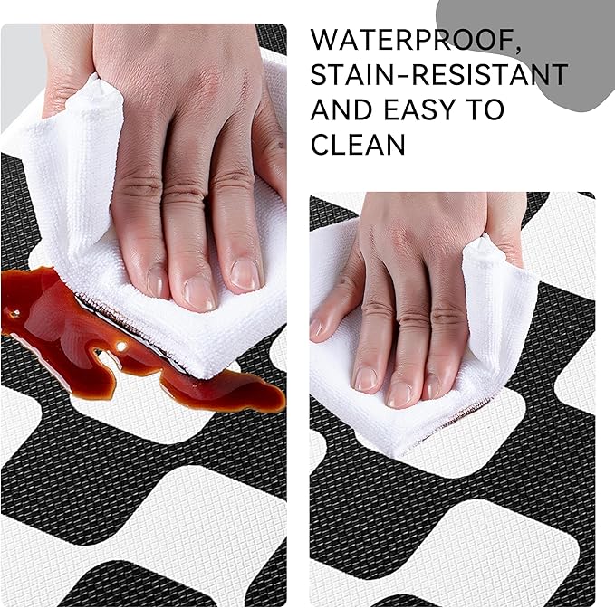 Black Retro Curvy Checkered Grid Checkerboard Kitchen Rug Sets [2 PCs], Anti-Fatigue, Waterproof Non-Slip Kitchen Mats Heavy Duty Ergonomic Comfort Foam Rug for Floor, Home, Laundry,17"x29"+17"x47"