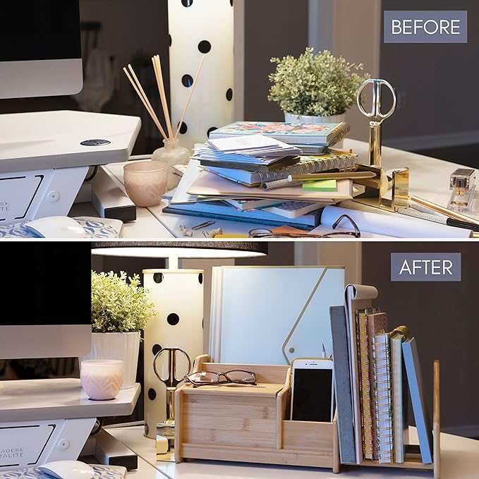DECOMIL Bamboo Desk Organizer, Wood Desktop Shelf, Perfect Office Decor for Office Supplies Storage, Multifunction Desktop Organizer Shelf
