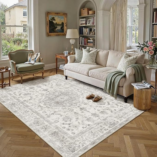 PureCozy 5x7 Area Rug Gray Washable Living Room Vintage Carpet Bedroom Non Slip Soft Low Pile Neutral Oriental Soft Thin Dining Room Office Accent Throw Rug
