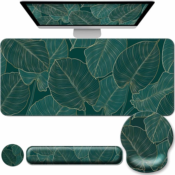 Desk Mat Set + Keyboard and Mouse Pad with Wrist Rest Support,4-in-1 Large Mousepad Computer Mats for Desktop Home & Office-Green Leaves