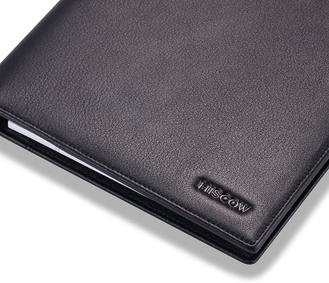 HISCOW Slim Leather Junior Padfolio, 5x8 Notepad Cover, Classic Black | Italian full-grain cowhide, top-loading legal pad holder, rigid pen loop, quick-access card slot, zipperless boardroom design