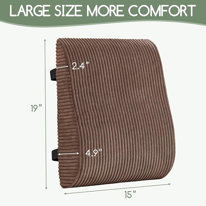 Ergonomic Lumbar Support Pillow for Lower Back Pain Relief, Corduroy Cover Back Support Cushion with Adjustable Straps, Large Size Lumbar Pillow for Office, Gaming & Home Essentials, Large, Brown