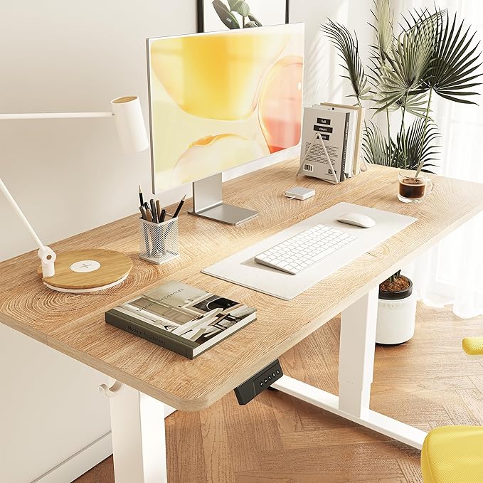 Cubiker Standing Desk, 55x28 Inches Sit Stand Home Office Desk, Electric Stand up Desk, Adjustable Desk with Splice Board, White Frame/Maple Top