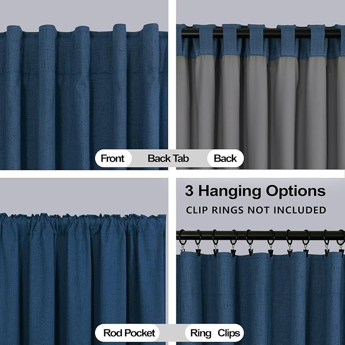 KOUFALL Navy Blue Curtains Linen Blackout, Back Tab Textured 90 Inch Long Traditional Thermal Insulated Winter Curtains for Living Room Bedroom, 52w x 90l, 2 Panel Set
