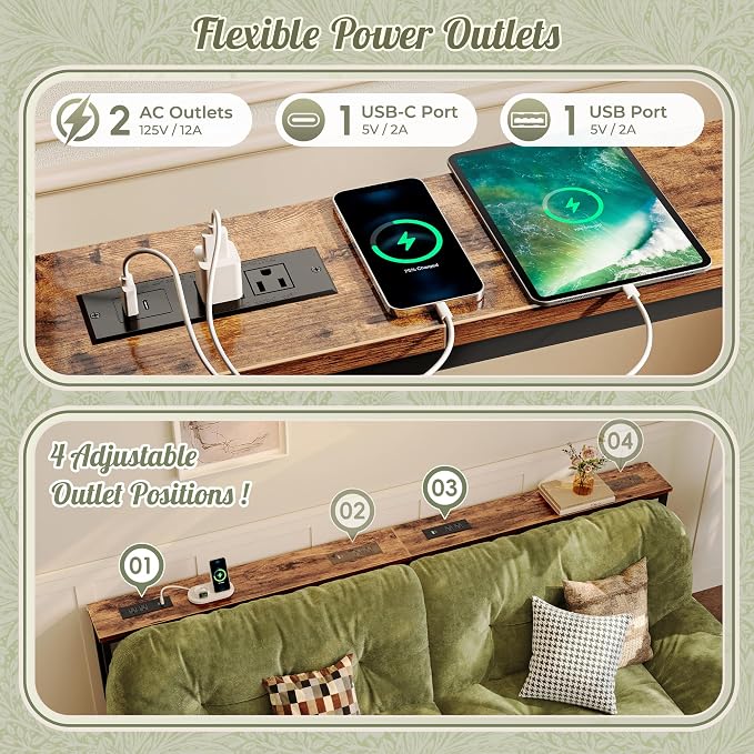 Huuger 86.6 Inch Sofa Table with Power Outlets, 23.9’’-34.4’’ Height Adjustable Range, Behind Couch Table with USB-C Ports, Sofa Tables Narrow Long, Skinny Console Table, Small Spaces, Rustic Brown