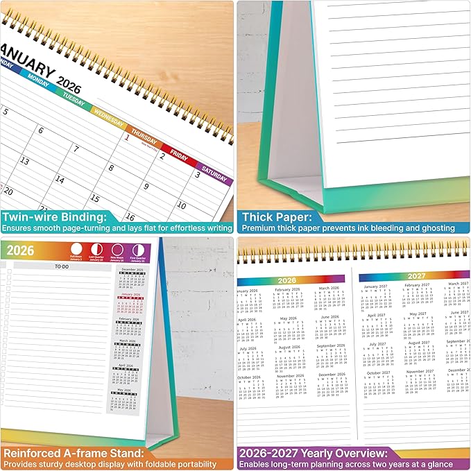 Desk Calendar 2026, Desktop Calendar 2026 Standing flip, 8.5’’ x 11’’, Jan 2026 - Dec 2026, Stand Up Calendar with Memo Pages, Large Ruled Blocks, Holidays, Thick Paper, Great for Home, School, Office