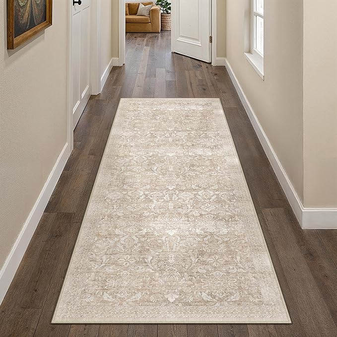 PureCozy 2x6 Runner Rug Non Slip Washable Beige Vintage Hallway Kitchen Carpet Indoor Small Low Plie Thin Bathroom Rug Retro Accent Throw Laundry Rugs