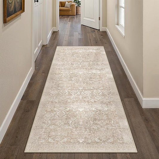 PureCozy 2x6 Runner Rug Non Slip Washable Beige Vintage Hallway Kitchen Carpet Indoor Small Low Plie Thin Bathroom Rug Retro Accent Throw Laundry Rugs