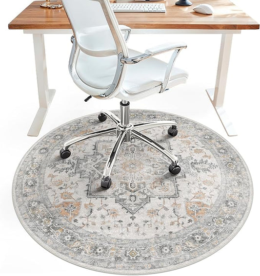 Office Chair Mat for Hardwood Tile Floor, Under Desk Carpet Protector for Rolling Computer Chair Mat, Round Washable Rugs 4ft Circle Area Rug, Anti-Slip 1/5" Thick Low Pile Thin Floor Mat, Taupe