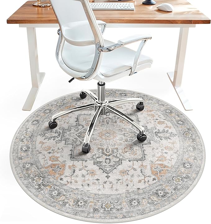 Office Chair Mat for Hardwood Tile Floor, Under Desk Carpet Protector for Rolling Computer Chair Mat, Round Washable Rugs 3ft Circle Area Rug, Anti-Slip 1/5" Thick Low Pile Thin Floor Mat, Taupe