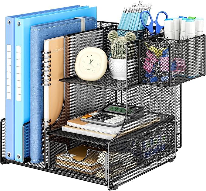 Lavatino Desk Organizer – 4-in-1 Black Mesh Office Supplies Organizer with Pen Holder, File Holder, Desktop Tray, and Drawer for Home, Office, Classroom