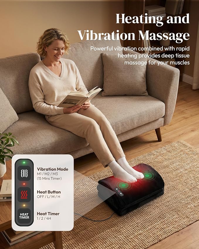 Heated Foot Rest for Under Desk with Vibration Massage, Memory Foam Desk Foot Stool with 4 Adjustable Heights, Ergonomic Foot Rest for Pain Relief, Non-Slip Office Footrest with 3 Heat Levels & Timer