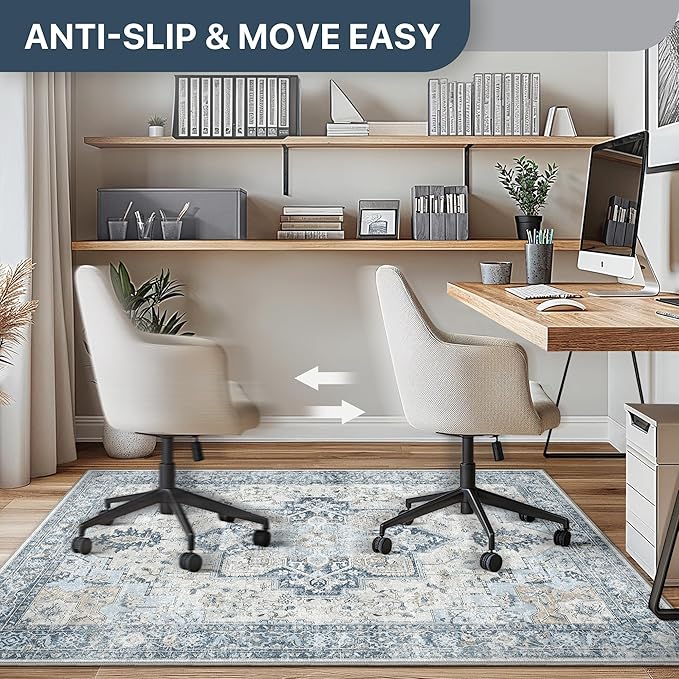 Office Chair Mat for Hardwood Tile Floor, Under Desk Carpet Protector for Rolling Computer Chair Mat, Round Washable Rugs 5ft Circle Area Rug, Anti-Slip 1/5" Thick Low Pile Thin Floor Mat, Blue