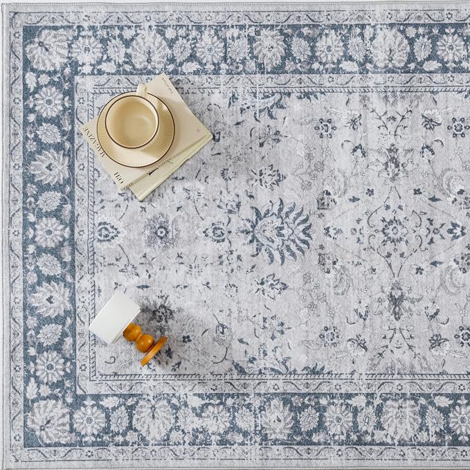 PureCozy 2x3 Area Rug Blue Washable Entryway Vintage Carpet Door Mat Small Non Slip Stain Soft Resistant Low Pile Thin Boho Accent Indoor Throw Rug for Kitchen Bathroom Entrance Bedroom