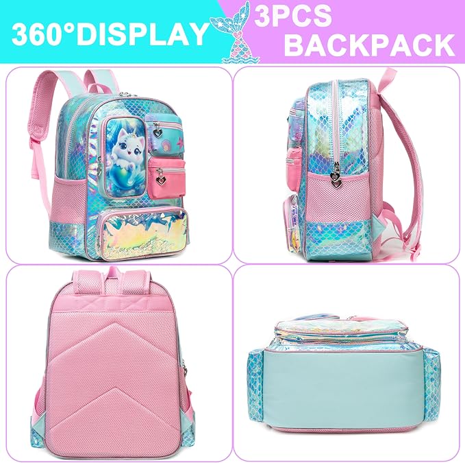 Meetbelify Cute Cat Backpack for Girls Backpack with Lunch Box Pencil Case for Elementary Student Kids School Bag for Girls Ages 6-8 Years Old