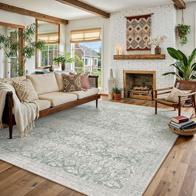 PureCozy Green 8x10 Area Rugs Washable Vintage Living Room Bedroom Carpet Indoor Non Slip Soft Low Pile Thin Rug Retro Accent Home Office Dining Room