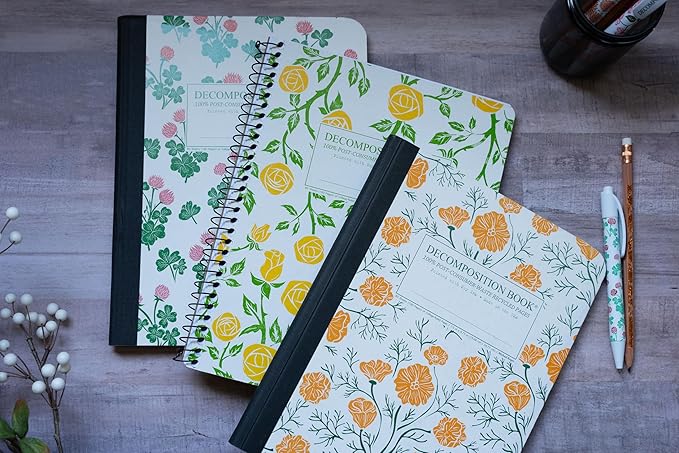 Decomposition 3-Pack Floral College Ruled Notebook - 9.75 x 7.5 Journal, 160 Lined Pages - 100% Recycled Paper - Notebooks for School Supplies, Home & Office - Made in USA